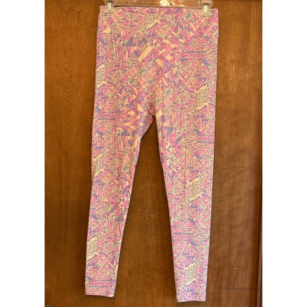 LuLaRoe Abstract Pink and Yellow Leggings S M L 30 inch waist unstretched